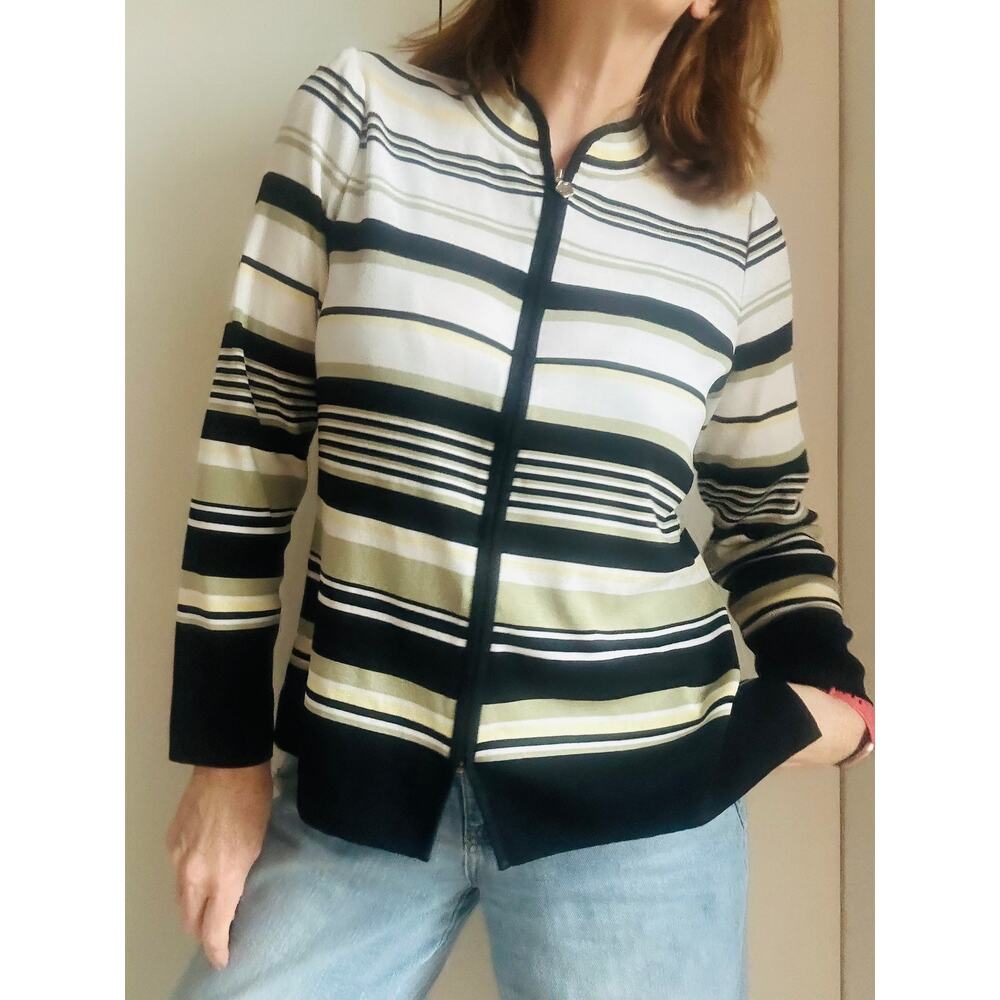 Misook Womens Zipper Cardigan Sweater Size Small Striped Business Casual